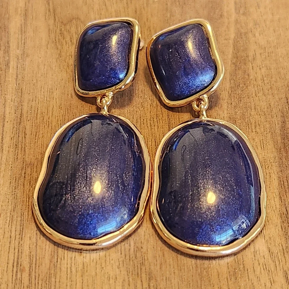 Navy Blue Shimmer Resin Drop Earrings Gold Tone Statement Oval Dangle Jewelry
